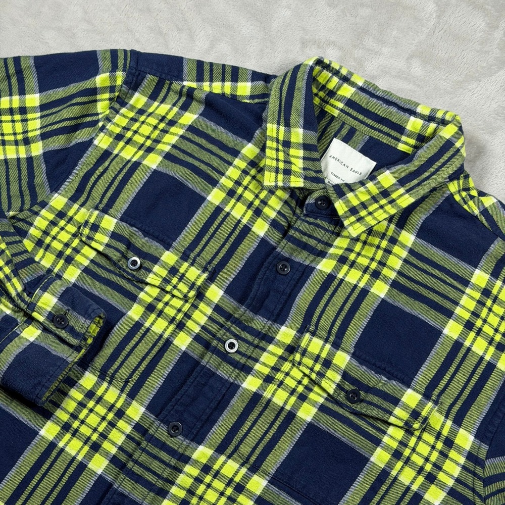 American Eagle Flannel Shirt Mens XL Classic Fit Navy Neon Yellow Plaid Cotton